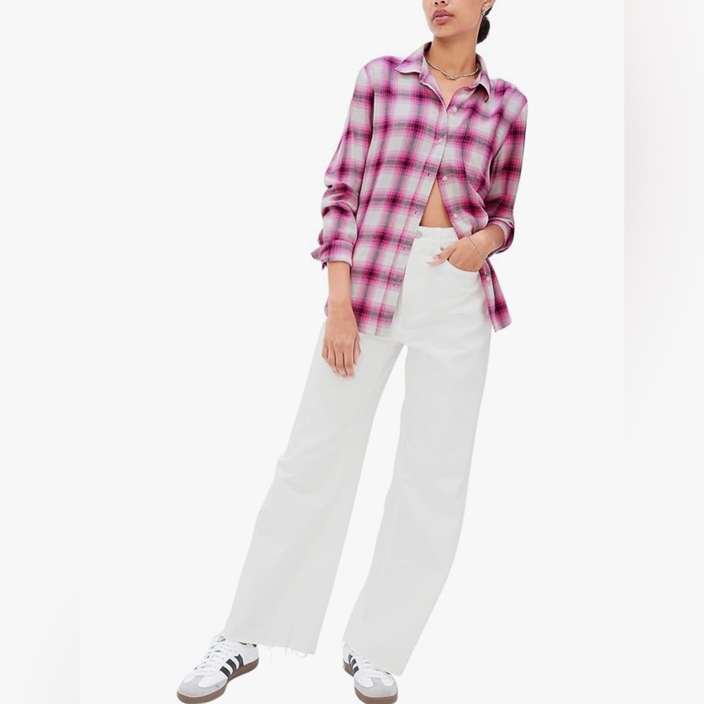 GAP Drapey Flannel Button Down Shirt, Pink Plaid Combo